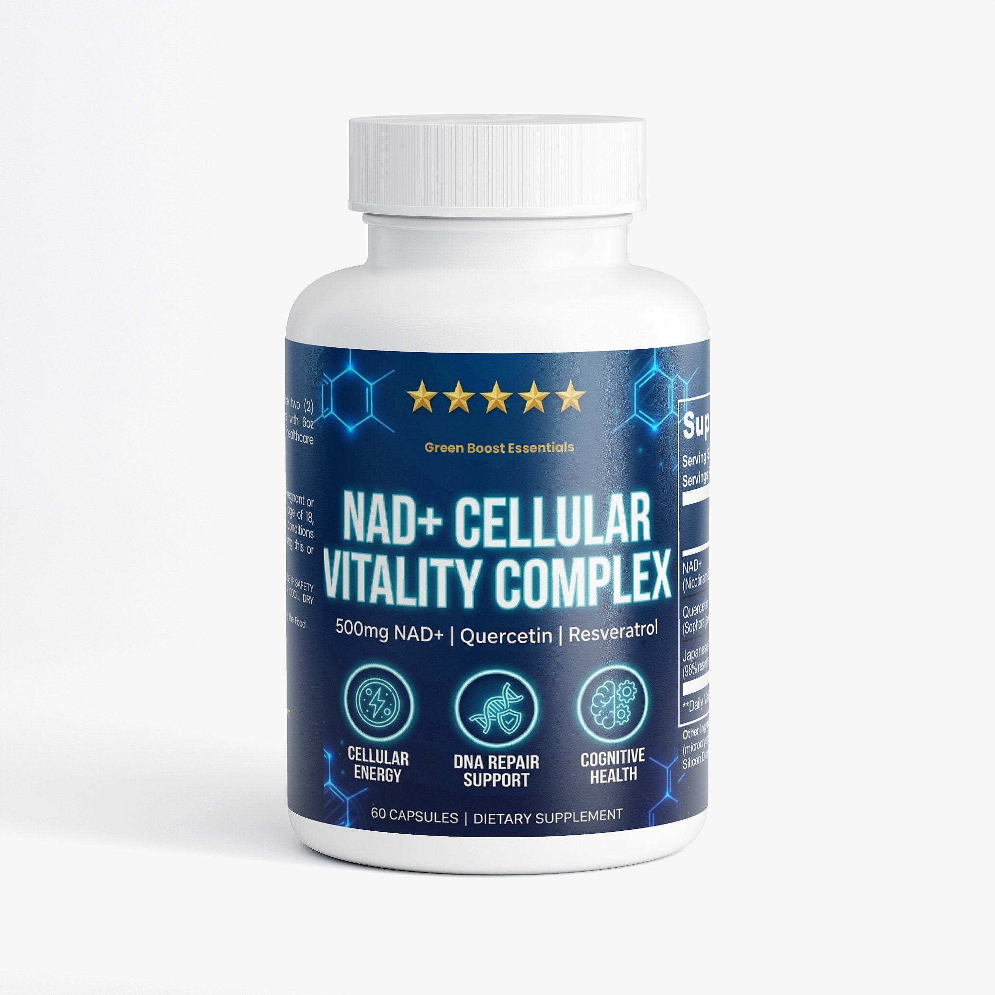 ⭐⭐⭐⭐⭐ NAD+ 500mg Complex | With Quercetin & Resveratrol | Cellular Energy, DNA Repair Support & Healthy Aging 🧬⚡ (60 Caps)