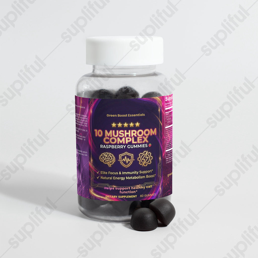 ⭐⭐⭐⭐⭐ 10 Mushroom Complex Gummies 🍄🧠 | Lion's Mane, Reishi & Chaga | Elite Focus, Immunity & Energy Support (Raspberry, 60 Count)
